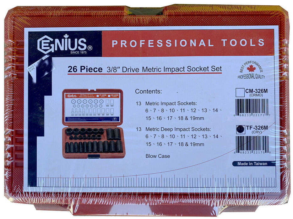 Genius 3/8" 26PC STANDARD & DEEP Impact Socket Set MERTIC SAE 6-19mm 5/16-7/8