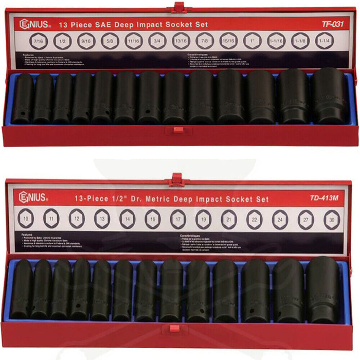 GeniusTools 26PC 1/2"DR Metric SAE Deep Impact Socket Set Long 6-30mm 7/16-1-1/4