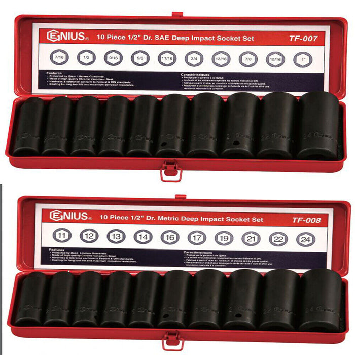 Genius Tools 20PC 1/2”DR Metric SAE Deep Impact Socket Set 8-32mm 7/16” ~ 1”