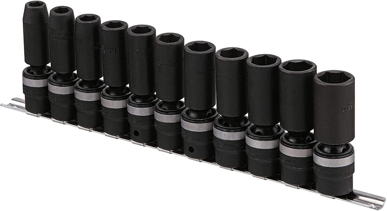 Genius Tools 11 Pc 1/2"Dr Universal Swivel SemiDeep Impact Socket Set SAE Metric