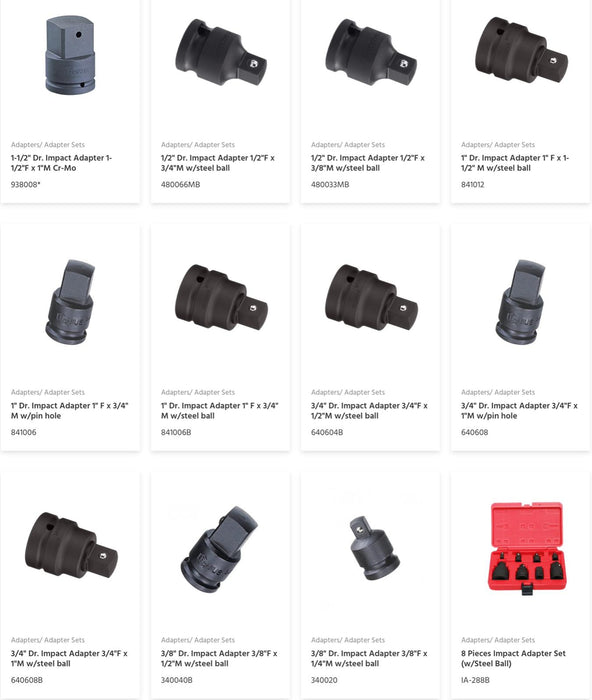 Genius Tools Impact Adapter 1/2"F x 3/4"M 1/2"F x 3/8"M 1"F x 1-1/2"M 1" F x 3/4