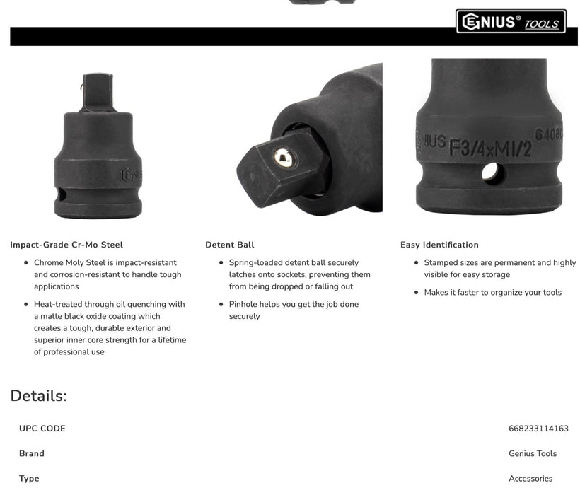 Genius Tools Impact Adapter 1/2"F x 3/4"M 1/2"F x 3/8"M 1"F x 1-1/2"M 1" F x 3/4