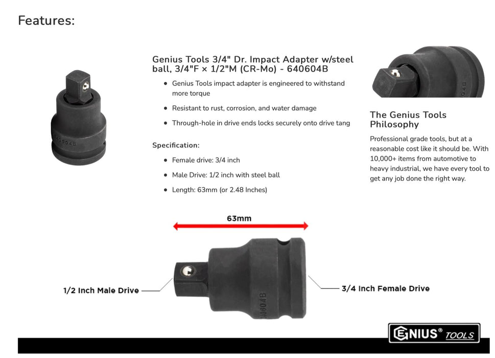 Genius Tools Impact Adapter 1/2"F x 3/4"M 1/2"F x 3/8"M 1"F x 1-1/2"M 1" F x 3/4
