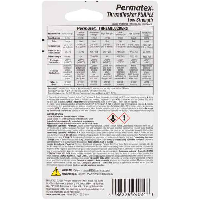 Permatex Low Strength Purple Thread lock 6ml For Light-Duty Applications