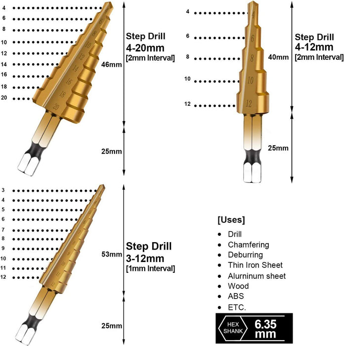 3Pcs Large HSS Speed Steel Step Cone Drill Titanium Bit Set Hole Cutter BIT NEW