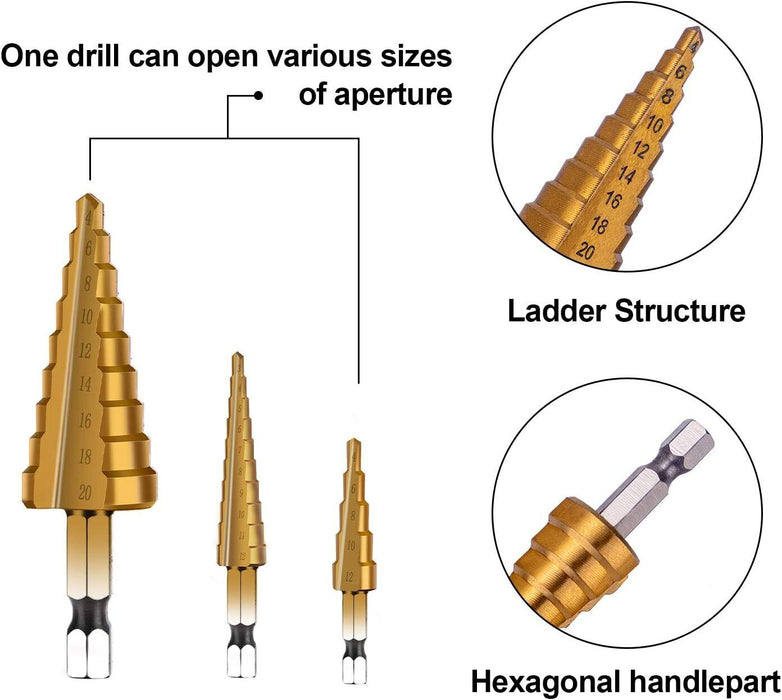 3Pcs Large HSS Speed Steel Step Cone Drill Titanium Bit Set Hole Cutter BIT NEW