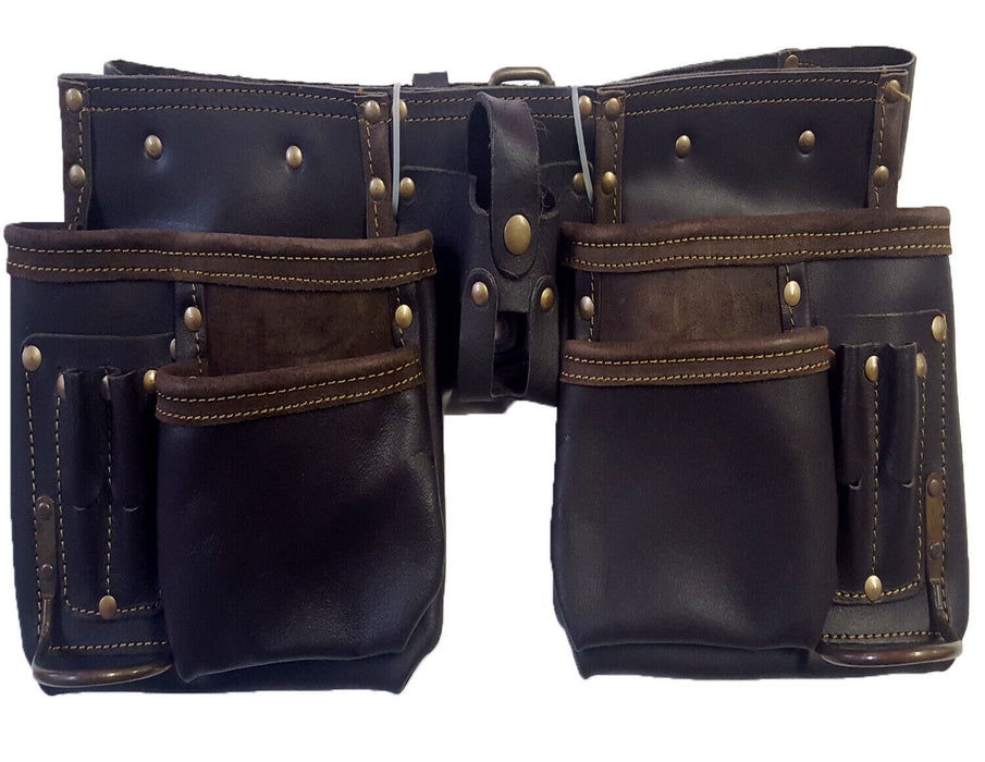 NEW Tan Leather nail Double Pouch TRADE QUALITY TOOL BELT 14 POCKET BAG GRIP WEL