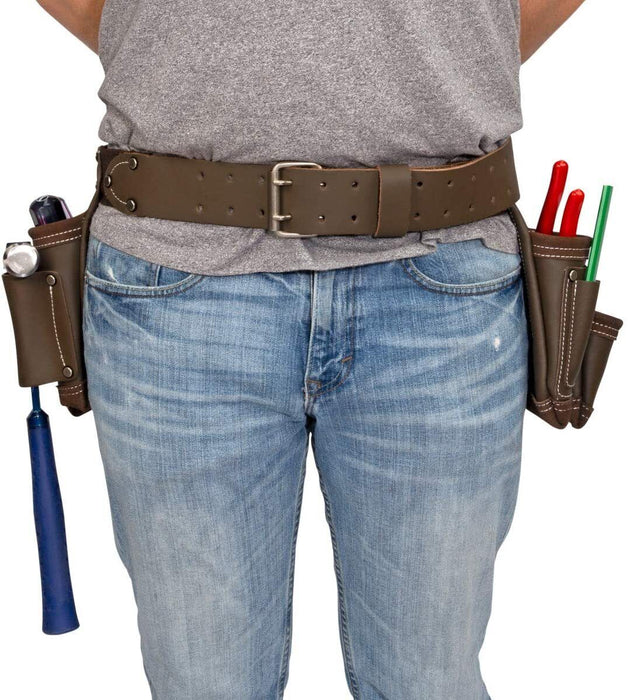 NEW Tan Leather nail Double Pouch TRADE QUALITY TOOL BELT 14 POCKET BAG GRIP WEL