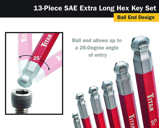 13pc Extra Long Arm Hex Allen Key Set Ball Point Imperial SAE Allan Red Chrome T - FISHER DISCOUNT