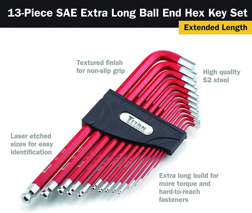 13pc Extra Long Arm Hex Allen Key Set Ball Point Imperial SAE Allan Red Chrome T - FISHER DISCOUNT