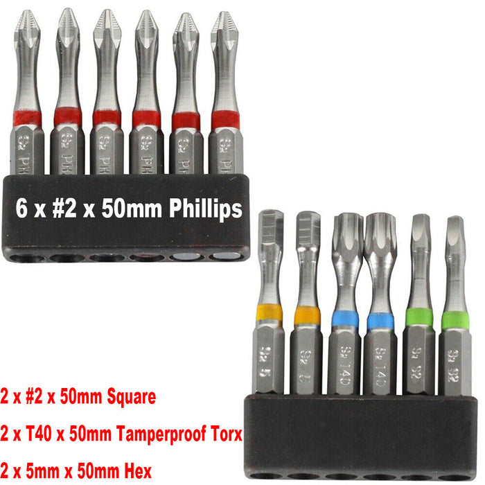 12pc Builders Impact Torsion Power Screwdriver Bits Set Phillips Square Torx S2