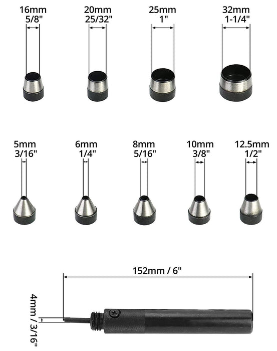 WAD HOLLOW PUNCH SET -1 0 PIECE - SIZES 5 - 32mm. Heat Treated Carbon Steel