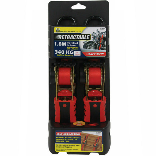 GRIPWEEL Ratchet Tie Down - Retractable, 1.8m, 340kg, 2 Pack - FISHER DISCOUNT