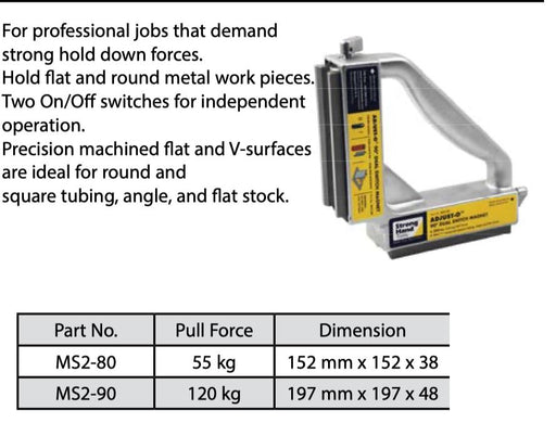 Strong Hand Tools Adjust-O 90 deg Dual Switch Welding Magnet Square - MS2-80 - FISHER DISCOUNT