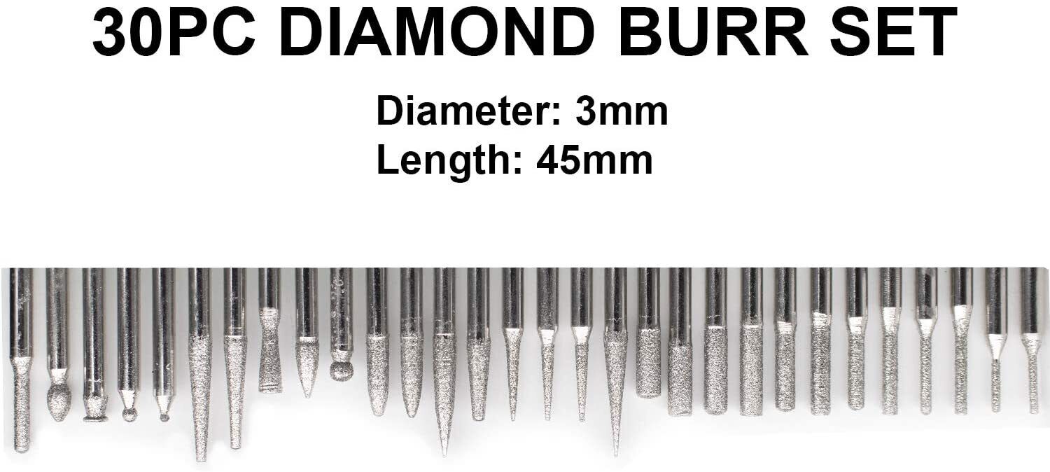 30Pcs Diamond Grinding Burr Drill Bit Mix Set 3mm Shank Grit 60 For Rotary Tools - FISHER DISCOUNT