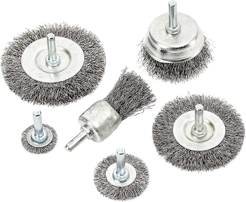 6PC BRUSH DRILL SET - STEEL WIRE CUP FLAT WHEEL ROTARY BIT METALWORK METAL RUST