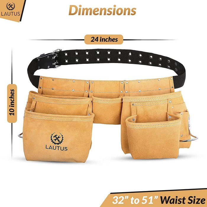 Professional Tool Belt Bag11 Pocket Gold Suede Leather Nail Hammer Holder Pouch