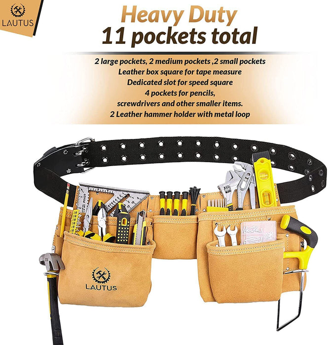 Professional Tool Belt Bag11 Pocket Gold Suede Leather Nail Hammer Holder Pouch