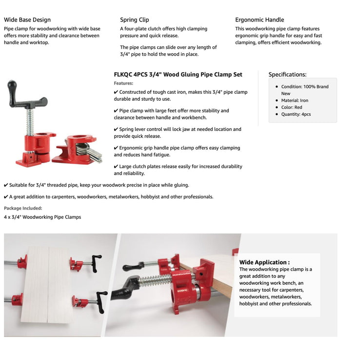 1Pc" 3/4\" Wood Gluing Pipe Clamp Set Heavy Duty PRO Woodworking Cast Iron