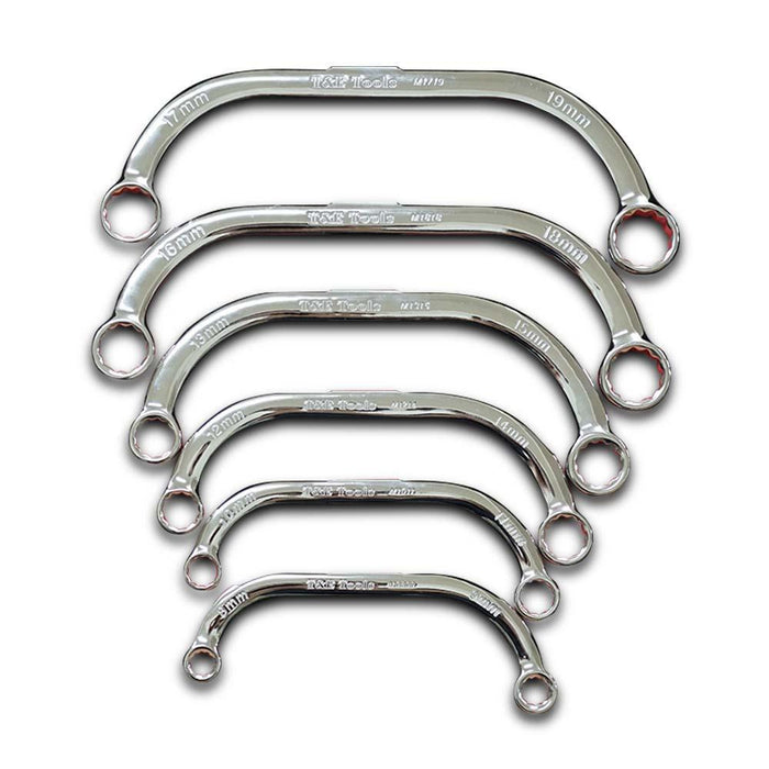 T&E Tools 6PC Half Moon Obstruction Ring Wrench Set C Type Spanner 8-22 mm