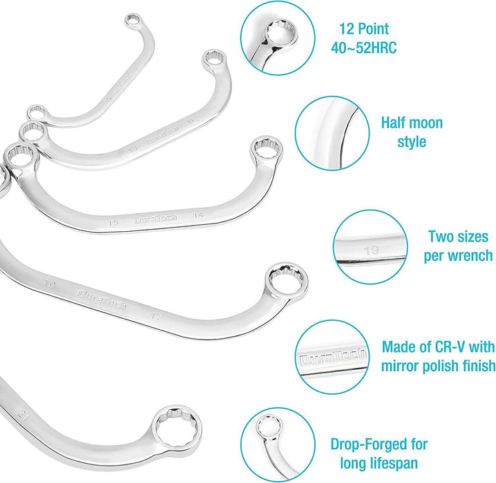 T&E Tools 6PC Half Moon Obstruction Ring Wrench Set C Type Spanner 8-22 mm