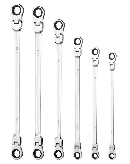 TE Tools Flex Head Long Ring Gear Ratchet 6 Piece Wrench Set Made in Taiwan