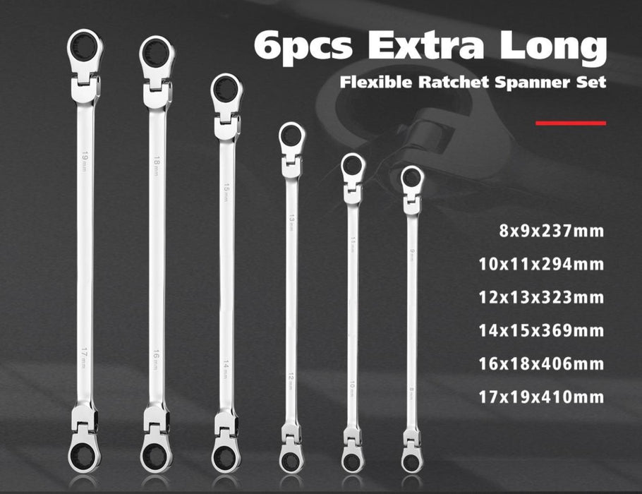 TE Tools Flex Head Long Ring Gear Ratchet 6 Piece Wrench Set Made in Taiwan