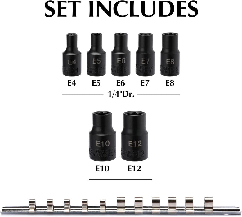 T&E Tools 1/4" Dr. E Series Impact Sockets 8Pc. set Made in Taiwan E4 - E12