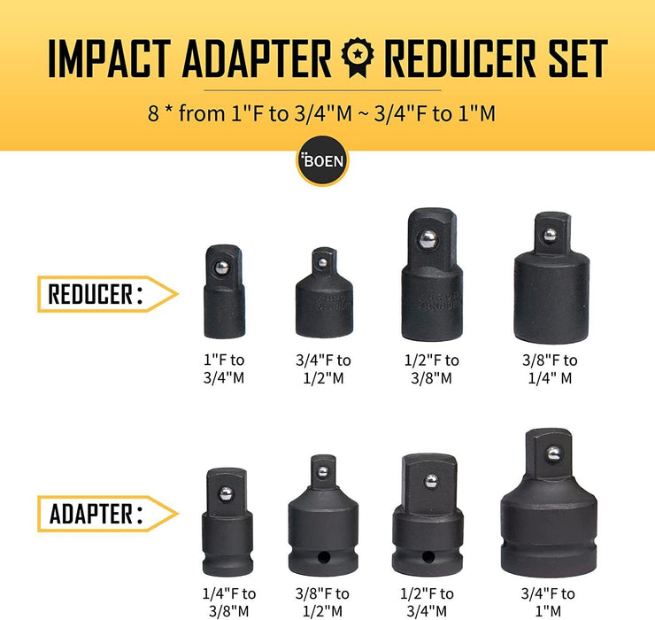 T&E Tools 8PC Impact Socket Adaptor Set Kit 1/4 1/2 3/8 3/4 1"Made in Taiwan