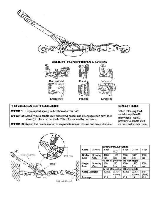 T&E Tool1/2/4 Ton Manual Winch Puller Power Hoist Tool 4x4 UTE Truck Car Trailer