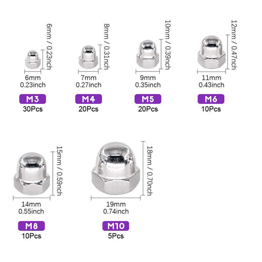 Acorn Nut Kit M3 M4 M5 M6 M8 M10 Carbon Steel Grade Hex Dome Nut  120 Piece - FISHER DISCOUNT