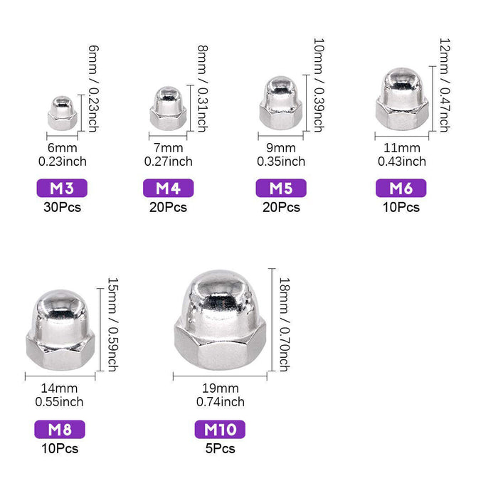 Acorn Nut Kit M3 M4 M5 M6 M8 M10 Carbon Steel Grade Hex Dome Nut  120 Piece - FISHER DISCOUNT