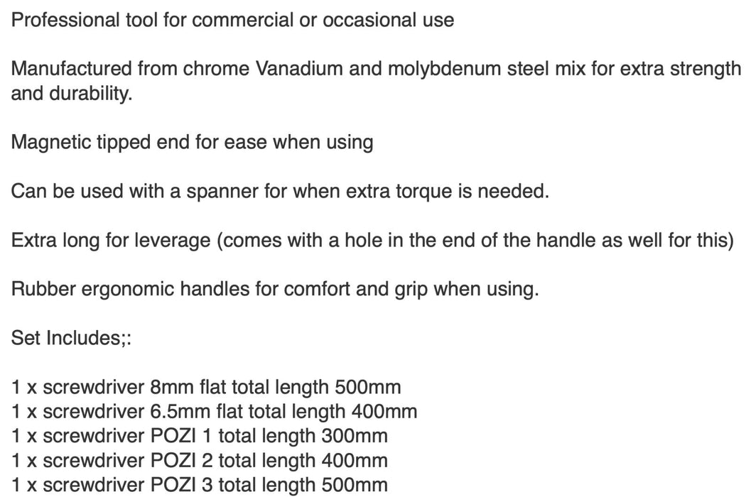 5PC Magnetic Extra Long leverage Jumbo Screwdriver Set 300-500mmL au stock