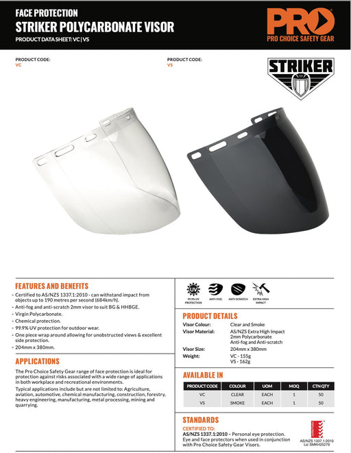 New Visor To Suit Pro Choice Safety Gear Browguards (BG & HHBGE) Smoke Lens - FISHER DISCOUNT