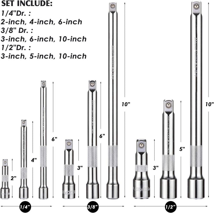 Genius TOOLS 9 Piece 1/4" 3/8" & 1/2" Drive Wobble Bar Extension Socket Set