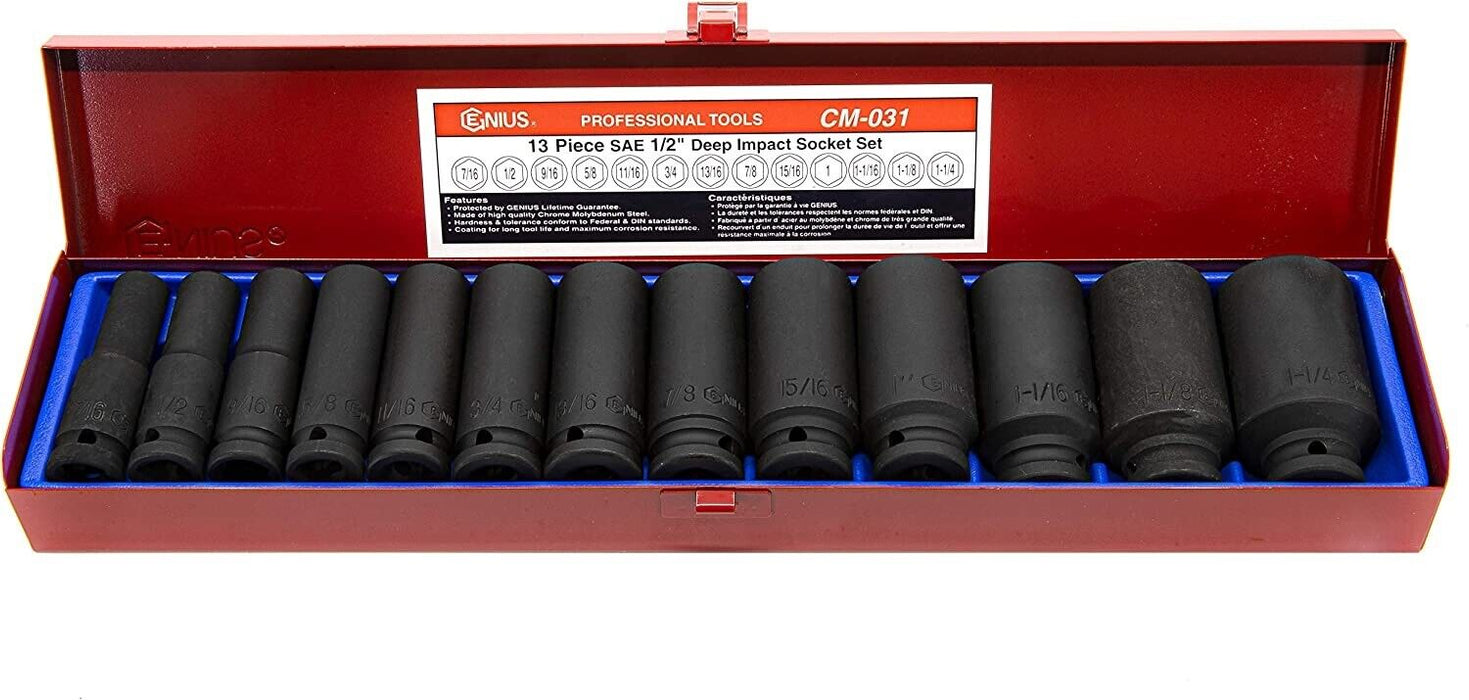 Genius Tools 13PC 1/2" Dr. SAE Deep Impact Socket Set CM-031 7/16- 1-1/4 TAIWAN