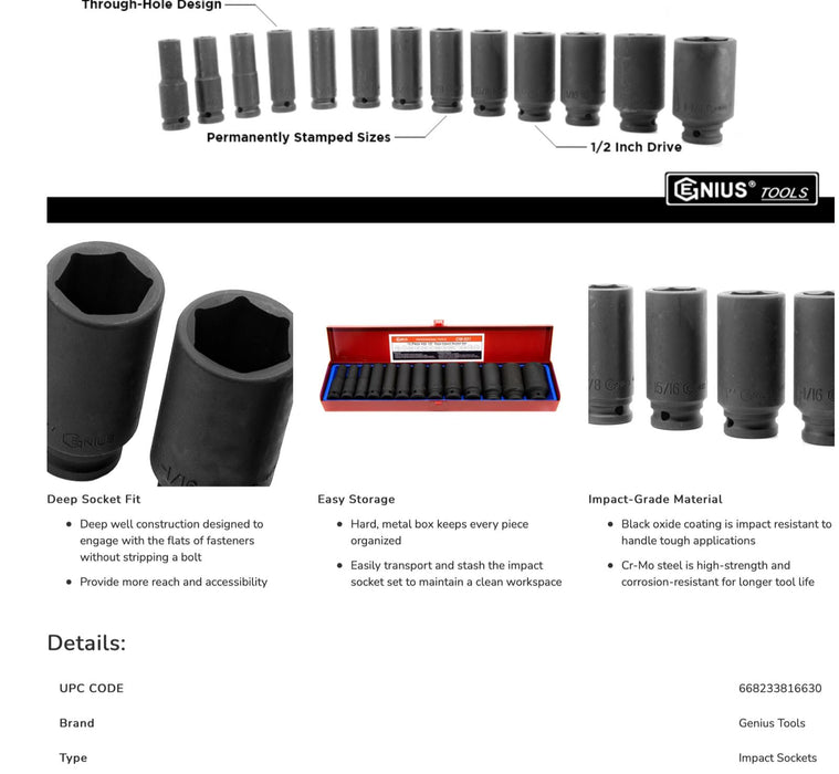 Genius Tools 13PC 1/2" Dr. SAE Deep Impact Socket Set CM-031 7/16- 1-1/4 TAIWAN