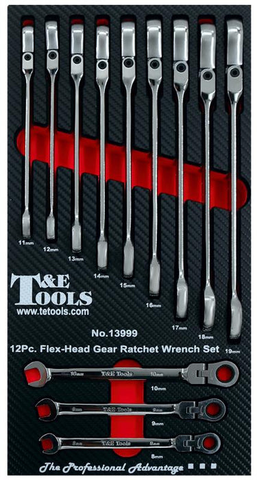 T&E TOOLS  12pc RATCHET WRENCH SPANNER SET  FLEX HEAD METRIC GENUINE 8-19mm