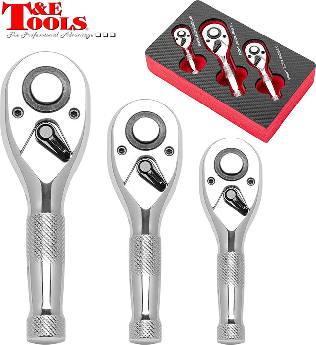 T&E Tools 3Pc. 108 Gear Super Fine Stubby Ratchet Set Made in Taiwan