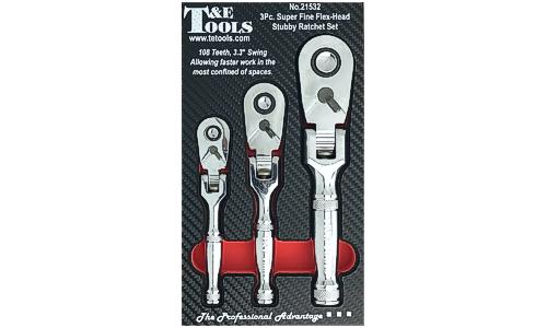 T&E Tools 3PC 108 teeth Super Fine Flex-Head Stubby Ratchet Set Made in Taiwan