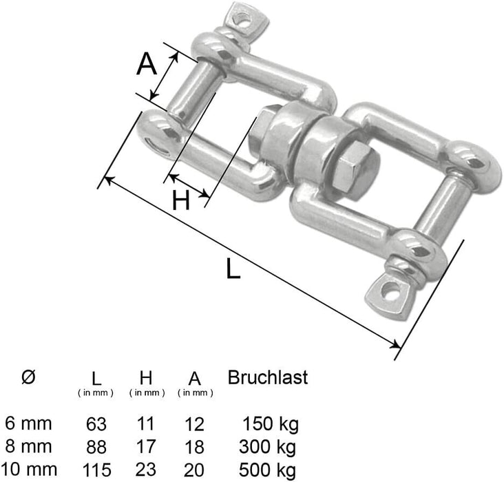 Fork Anchor Swivels G316 Stainless Steel 6/8mm Max Breaking Strain 1200/2000kg