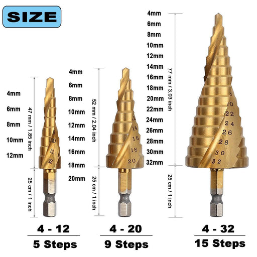 Force pro Large HSS Steel Step Cone Drill Titanium Bit Set Hole Cutter 6-40mm - FISHER DISCOUNT