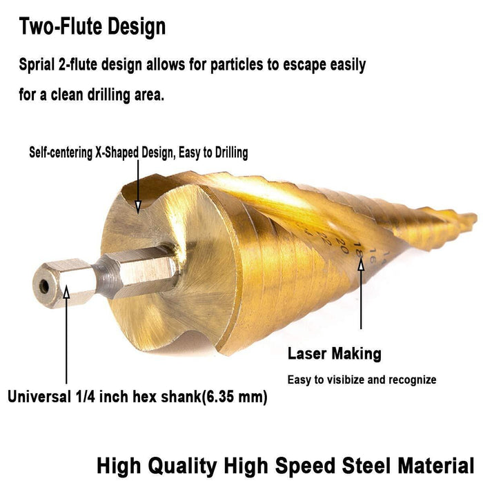 Force pro Large HSS Steel Step Cone Drill Titanium Bit Set Hole Cutter 6-40mm - FISHER DISCOUNT