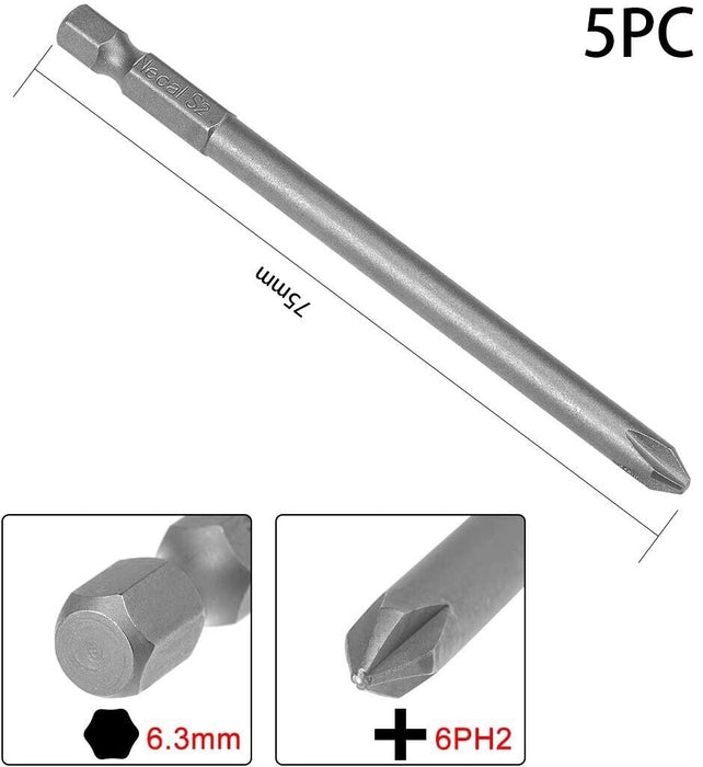 5 x IMPACT PHILLIPS HEAD PH#1, PH#2, PH#2 x75mm Slotted 3/16" POWER INSERT BITS