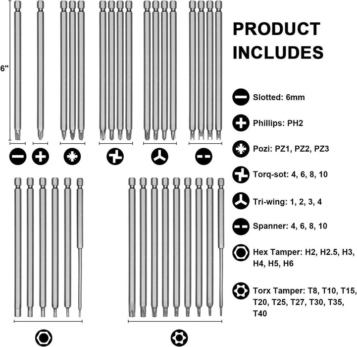 32Pcs 75mm Screwdriver Bits Security Head Kit 1/4" Torx Star Hex Spline Bit Set - FISHER DISCOUNT