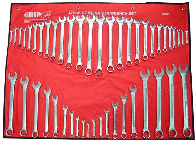 Grip Combination Wrench Spanner 47pc Set Metric SAE +Tool Roll