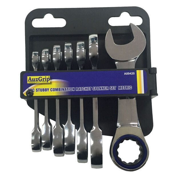 Auzgrip7PC Stubby Spanner Metric SAE Wrench Ring Tools Rachet Set Made in Taiwan