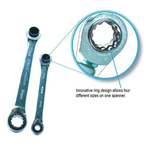 AuzGrip 2 Piece Metric 4 in 1 Reversible Ratchet Spanner Set Made inTaiwan