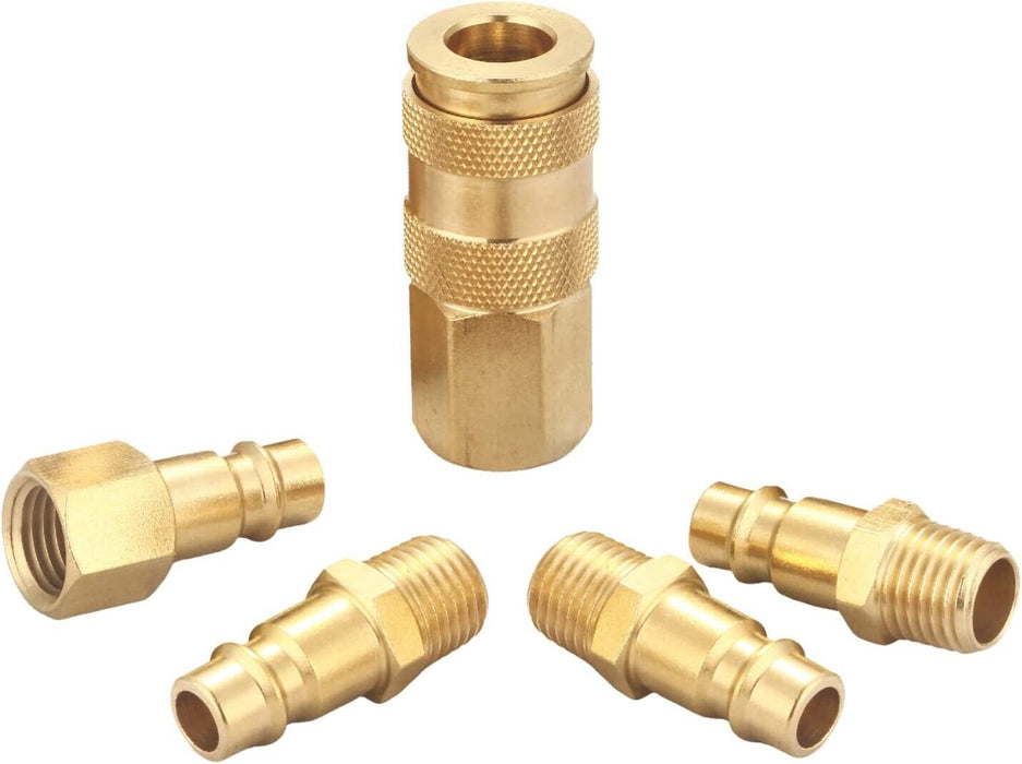 5Pc Brass Quick Coupler Set Solid Air Hose Connector Fittings 1/4" NPT Tool