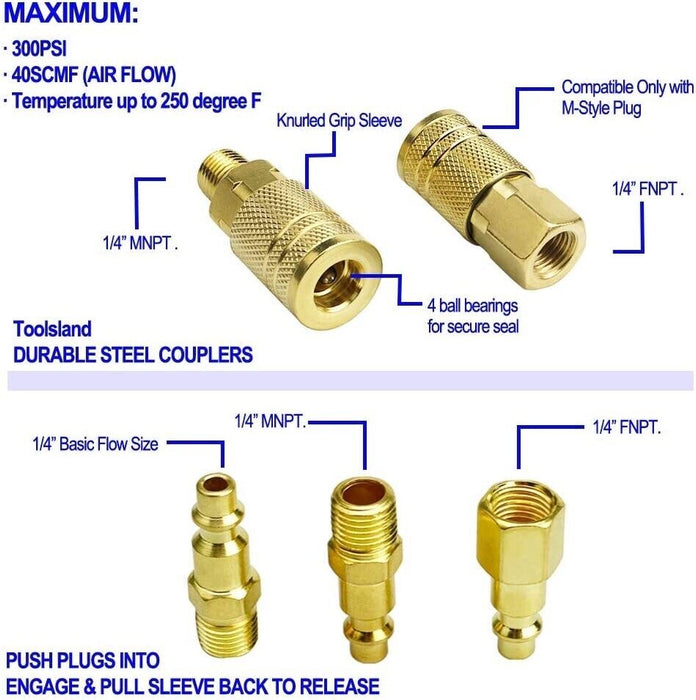 5Pc Brass Quick Coupler Set Solid Air Hose Connector Fittings 1/4" NPT Tool